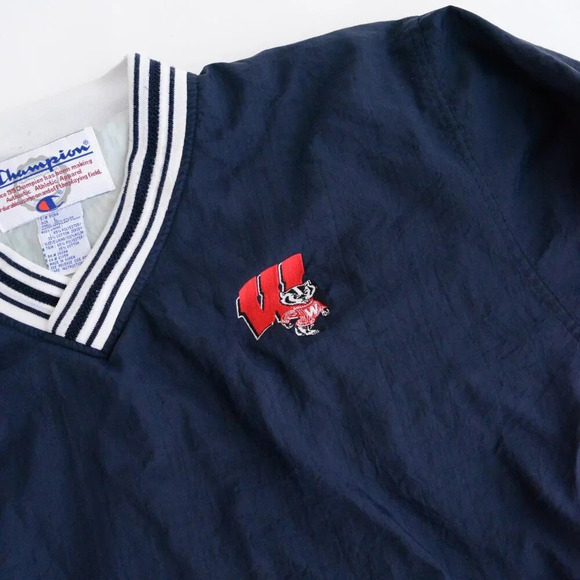 VTG 90S Champion Wisconsin Badgers Navy 100% Nylon Pullover Windbreaker Jacket L - Picture 10 of 12